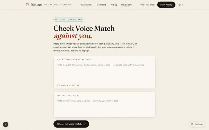 Free Voice Match check — paste a draft, see the score