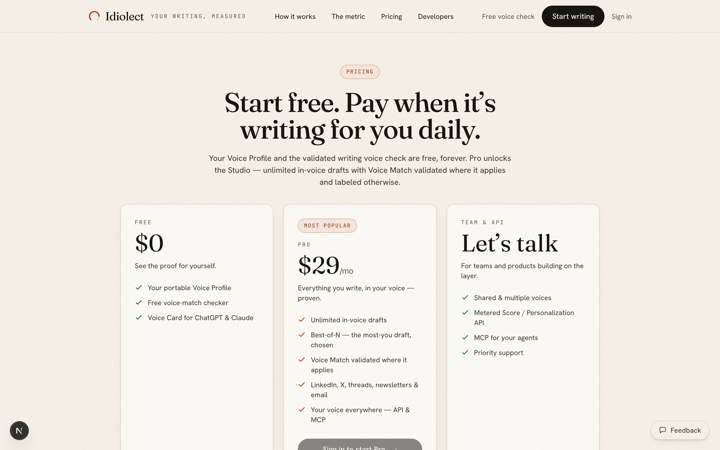 Pricing — Free, Pro ($29/mo), Team & API